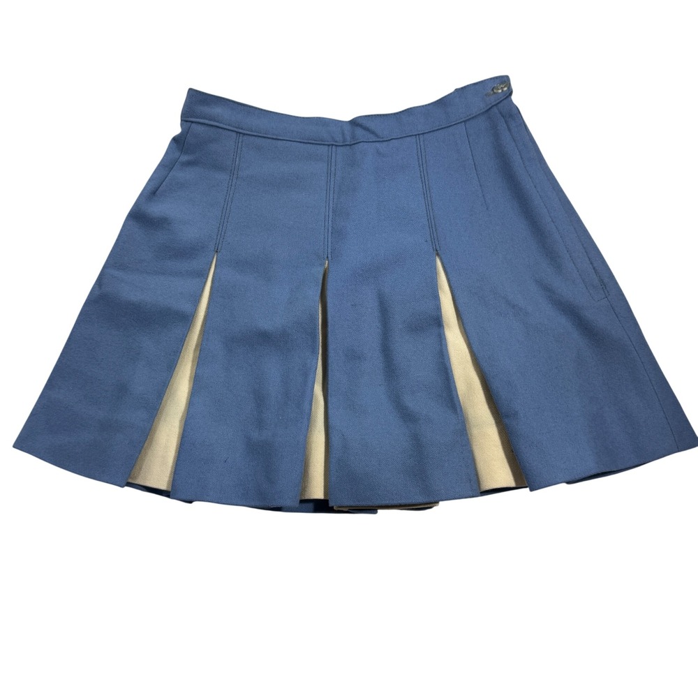 Vintage Blue Cream Pleated Mini Skirt High Waisted Two Tone Colorblock‎ 25 Waist